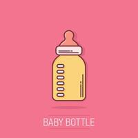 Baby bottle icon in comic style. Milk container cartoon vector illustration on white isolated background. Drink glass splash effect business concept.