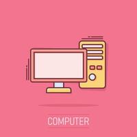 Pc computer icon in comic style. Desktop cartoon vector illustration on white isolated background. Device monitor splash effect business concept.