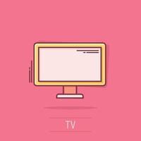 icono de monitor en estilo cómico. ilustración de vector de signo de dibujos animados de televisión sobre fondo blanco aislado. mostrar el concepto de negocio de efecto de salpicadura.