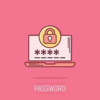 Laptop with password icon in comic style. Computer access cartoon vector illustration on white isolated background. Padlock entry splash effect business concept.