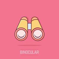 icono binocular en estilo cómico. buscar ilustración vectorial de dibujos animados sobre fondo blanco aislado. concepto de negocio de efecto de salpicadura de zoom. vector