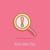 Risk analysis icon in comic style. Exclamation magnifier cartoon vector illustration on white isolated background. Attention splash effect business concept.