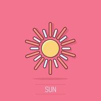 icono de sol en estilo cómico. ilustración de vector de signo de dibujos animados de luz solar sobre fondo blanco aislado. concepto de negocio de efecto de salpicadura de luz diurna.