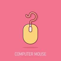 Computer mouse icon in comic style. Cursor cartoon vector illustration on white isolated background. Pointer splash effect business concept.