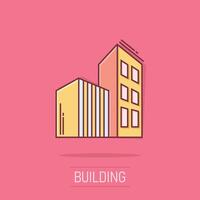 icono de construcción en estilo cómico. Ilustración de vector de dibujos animados de rascacielos sobre fondo blanco aislado. concepto de negocio de efecto de salpicadura de arquitectura.