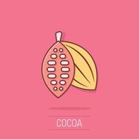 Cocoa bean icon in comic style. Chocolate cream cartoon vector illustration on white isolated background. Nut plant splash effect business concept.