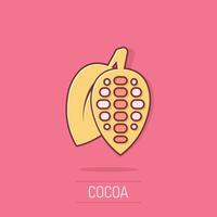 Cocoa bean icon in comic style. Chocolate cream cartoon vector illustration on white isolated background. Nut plant splash effect business concept.