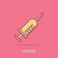 Syringe icon in comic style. Inject needle cartoon vector illustration on white isolated background. Drug dose splash effect business concept.