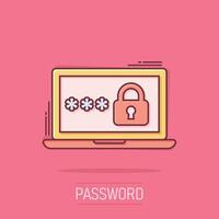 Laptop with password icon in comic style. Computer access cartoon vector illustration on white isolated background. Padlock entry splash effect business concept.