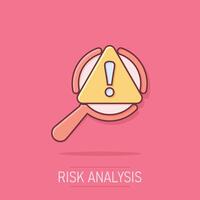 Risk analysis icon in comic style. Exclamation magnifier cartoon vector illustration on white isolated background. Attention splash effect business concept.