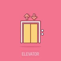 Elevator icon in comic style. Lift cartoon vector illustration on white isolated background. Passenger transportation splash effect business concept.