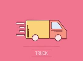 icono de camión en estilo cómico. ilustración de vector de dibujos animados de entrega automática sobre fondo blanco aislado. concepto de negocio de efecto de salpicadura de automóvil de camión.
