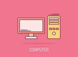 icono de la computadora pc en estilo cómico. ilustración vectorial de dibujos animados de escritorio sobre fondo blanco aislado. concepto de negocio de efecto de salpicadura de monitor de dispositivo. vector