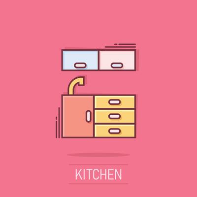 Kitchen furniture icon in comic style. Cuisine cartoon vector illustration on isolated background. Cooking room splash effect business concept.