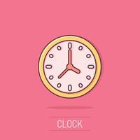 reloj icono en cómic estilo. reloj dibujos animados vector ilustración en aislado antecedentes. Temporizador chapoteo efecto negocio concepto.