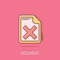 Document error icon in comic style. Broken report cartoon vector illustration on isolated background. Damaged splash effect business concept.