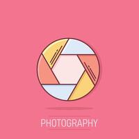 Camera diaphragm icon in comic style. Lens cartoon sign vector illustration on white isolated background. Photo snapshot splash effect business concept.