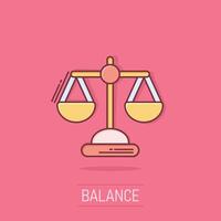 Scale balance icon in comic style. Justice cartoon vector illustration on isolated background. Judgment splash effect business concept.