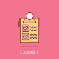 Document icon in comic style. Report cartoon vector illustration on isolated background. Paper sheet splash effect business concept.