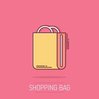 Shopping bag icon in comic style. Handbag cartoon sign vector illustration on white isolated background. Package splash effect business concept.