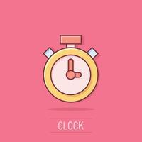 Clock icon in comic style. Watch cartoon vector illustration on isolated background. Timer splash effect business concept.