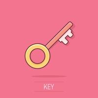 Key icon in comic style. Password cartoon vector illustration on white isolated background. Access splash effect business concept.