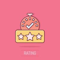 Rating result icon in comic style. Clock with stars cartoon vector illustration on isolated background. Satisfaction splash effect business concept.