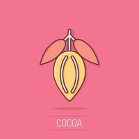 Cocoa bean icon in comic style. Chocolate cream cartoon vector illustration on white isolated background. Nut plant splash effect business concept.