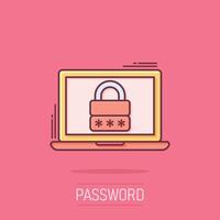 Laptop with password icon in comic style. Computer access cartoon vector illustration on white isolated background. Padlock entry splash effect business concept.