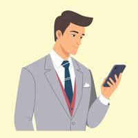 utilizando un teléfono ilustración. joven negocio hombre en traje utilizando su teléfono vector