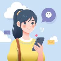 utilizando teléfono inteligente ilustración. joven niña comprobación su teléfono inteligente vector