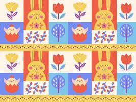 Minimalist pattern folk style with rabbits, chicks and flowers vector