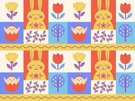 Minimalist pattern folk style with rabbits, chicks and flowers vector