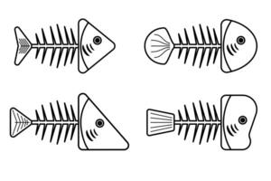 fish icon only splines bone black and white many types and species. vector drawing line art fish only head and bone.