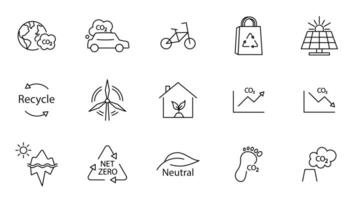 Icon collection with zero emission symbol concept. greenhouse gas carbon credit design set. protect ecological green vector outline. carbon net zero neutral natural. carbon footprint art pictogram