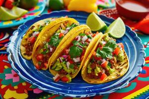 AI generated Mexican tacos with guacamole and vegetables in blue plate on Mexican bright embroidered tablecloth photo