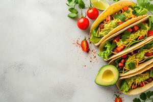 AI generated Mexican tacos with guacamole and vegetables on light background, space for text photo