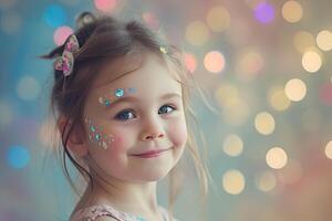 AI generated little girl with party face painting. party face art. against blurred background, balloons, garland photo