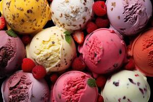 AI generated Ice creams balls strawberry pistachio almond orange and cherry top view wallpaper photo