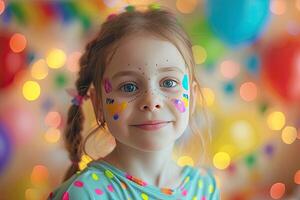 ai generado pequeño niña con fiesta cara cuadro. fiesta cara Arte. en contra borroso fondo, globos, guirnalda foto