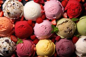 AI generated Ice creams balls strawberry pistachio almond orange and cherry top view wallpaper photo