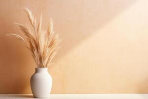 AI generated Pampas grass in ceramic vase near studio wall background, space for text photo