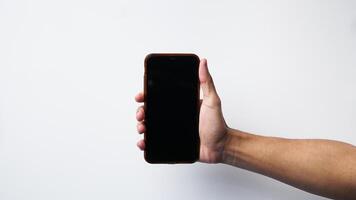 man holding smartphone with on white background. Space for text photo