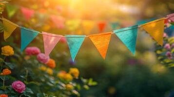 AI generated multi-colored garland in the form of triangular flags on a blurred background of a summer garden photo