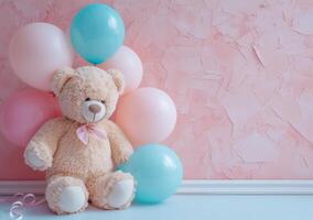 AI generated a teddy bear and balloons stand next to a pink wall photo