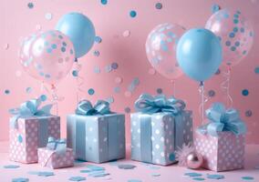 AI generated presents and balloons on pink background photo