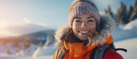 ai generado niña en invierno Snowboarding ropa paseos en el Pendiente con un sonrisa foto