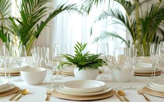 AI generated white table setting with green plant leaves photo