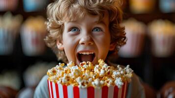 ai generado el chico comió un Cubeta de palomitas de maiz y eso estaba Rasgado dentro pequeño piezas foto