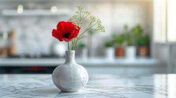 ai generado un minimalista florero con uno rojo flor soportes en un blanco mármol mesa foto